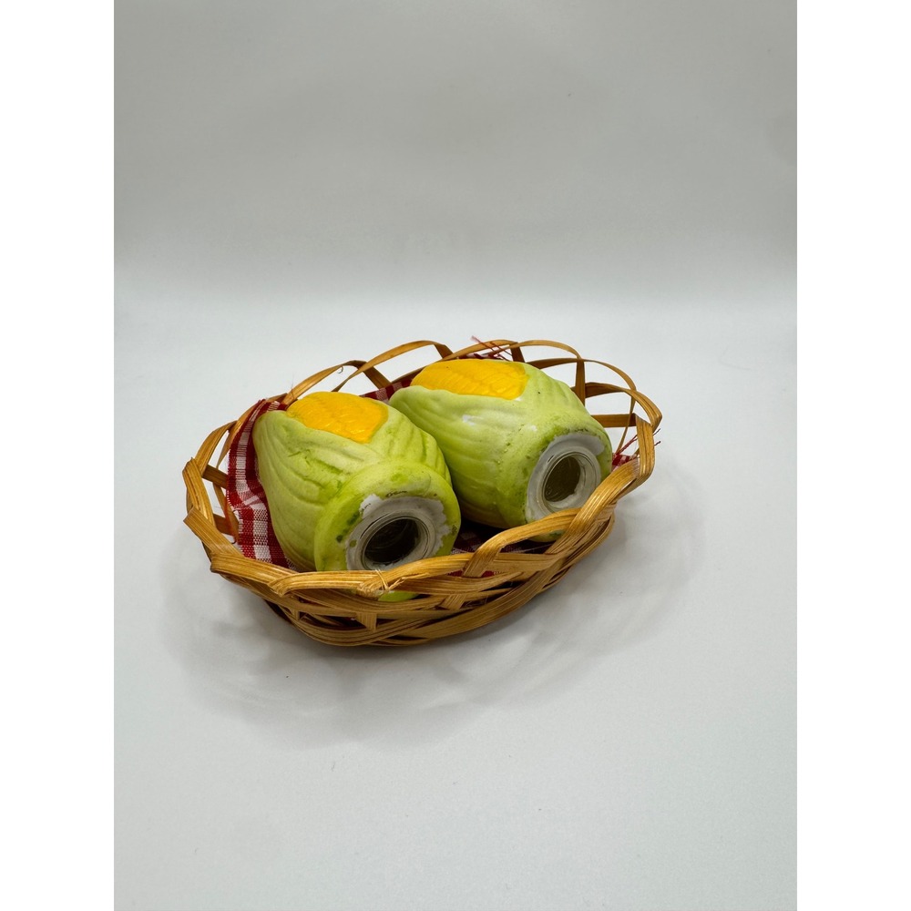 Vintage Corn on the Cob Ceramic Salt Pepper Shakers Wicker Basket Gingham - Picture 2 of 6